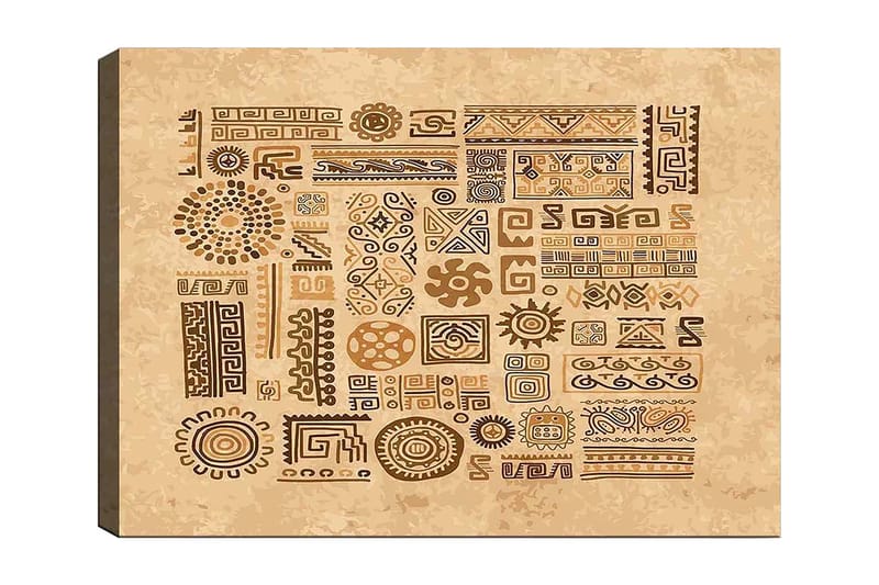 Lærred 70x100 cm - Abstrakte mønstre og symboler i en jordnær stil, Lysebrun / Mørkebrun / Beige