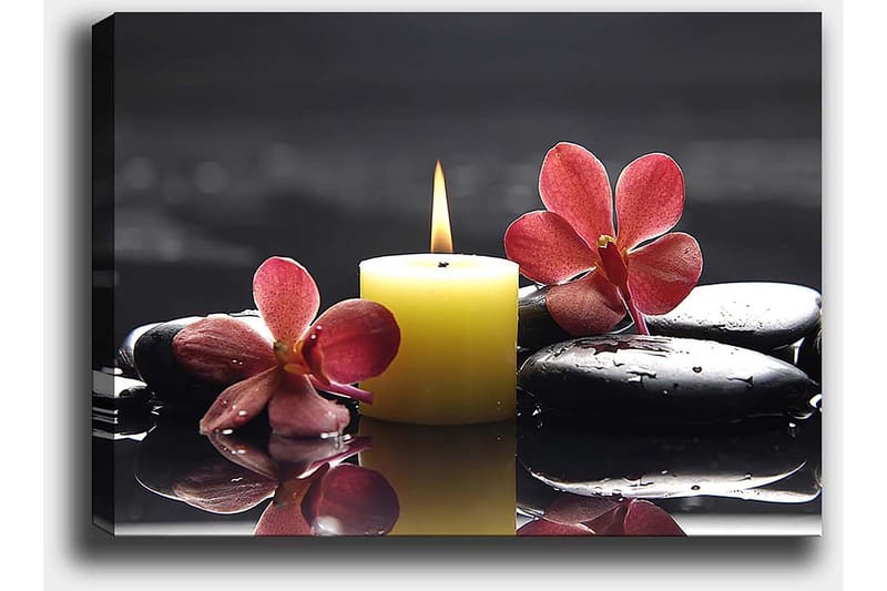 Lærred 70x100 cm - Afslappende komposition med en tændt stearinlyslanterne, sorte sten og lyserøde blomster - Gul / Lyserød / Sort - Boligtilbehør - Billeder & kunst - Billeder på lærred