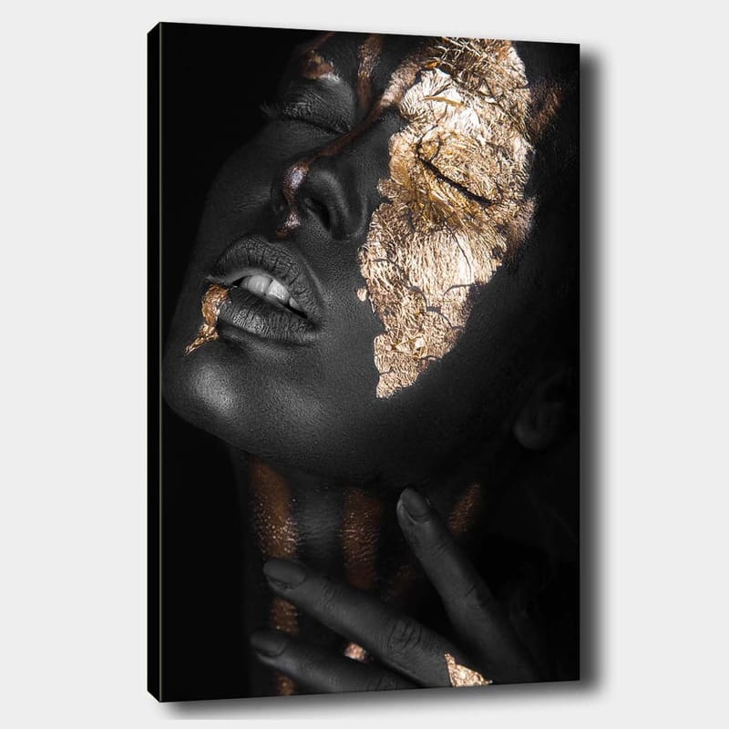 Lærred 70x100 cm - Ansigtsportræt med bladguld, der fremhæver ansigtets konturer og udtryk, Sort / Guld