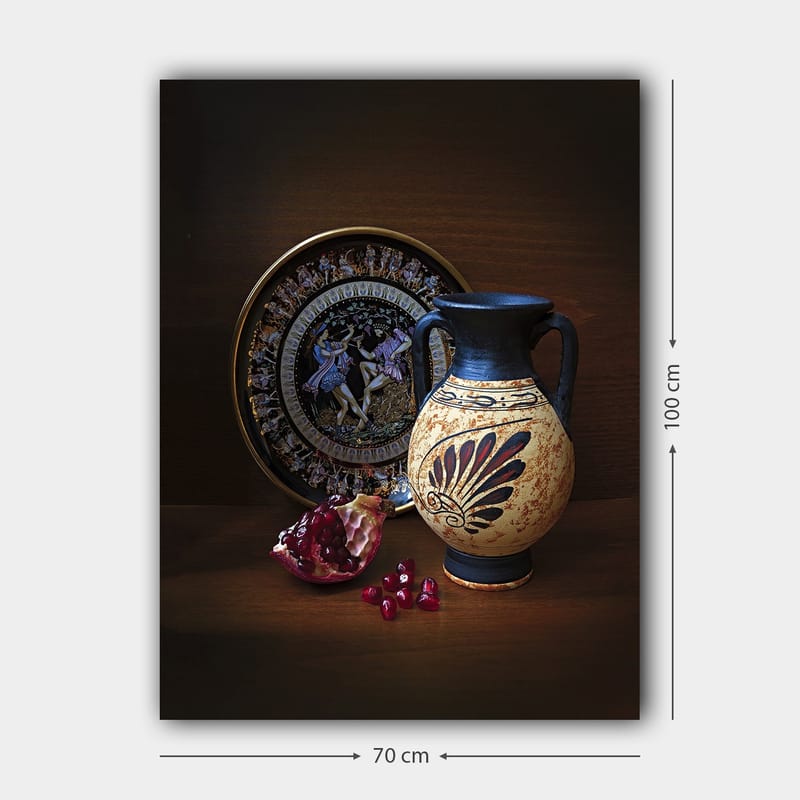 Lærred 70x100 cm - Antik potte med dekorative mønstre og granatæble som hovedmotiv - Sort / Beige / Rød - Boligtilbehør - Billeder & kunst - Billeder på lærred