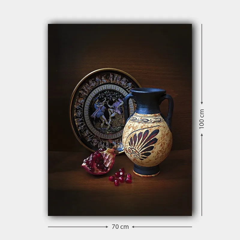 Lærred 70x100 cm - Antik potte med dekorative mønstre og granatæble som hovedmotiv - Sort / Beige / Rød - Boligtilbehør - Billeder & kunst - Billeder på lærred