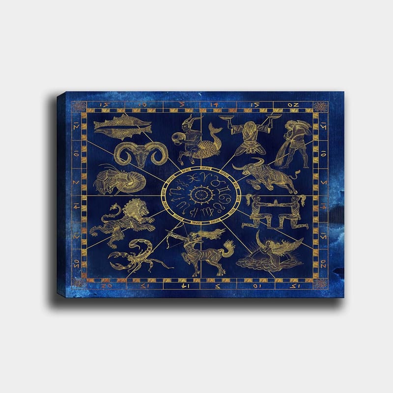 Lærred 70x100 cm - Astrologisk kort med de tolv stjernetegn i guld mod en dybblå baggrund, Dybblå / Guld