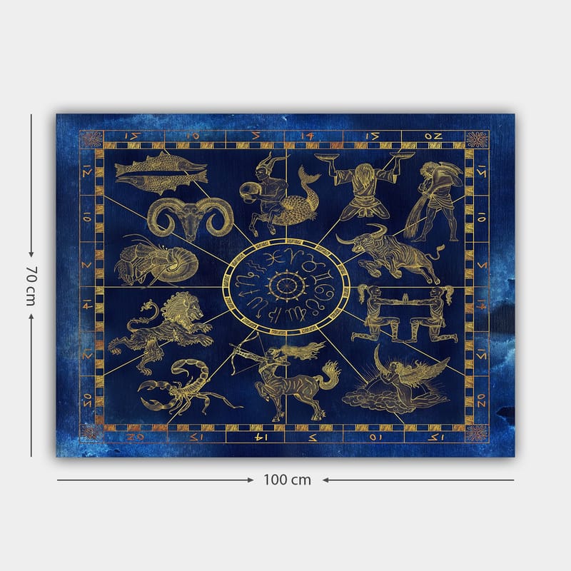 Lærred 70x100 cm - Astrologisk kort med de tolv stjernetegn i guld mod en dybblå baggrund - Dybblå / Guld - Boligtilbehør - Billeder & kunst - Billeder på lærred