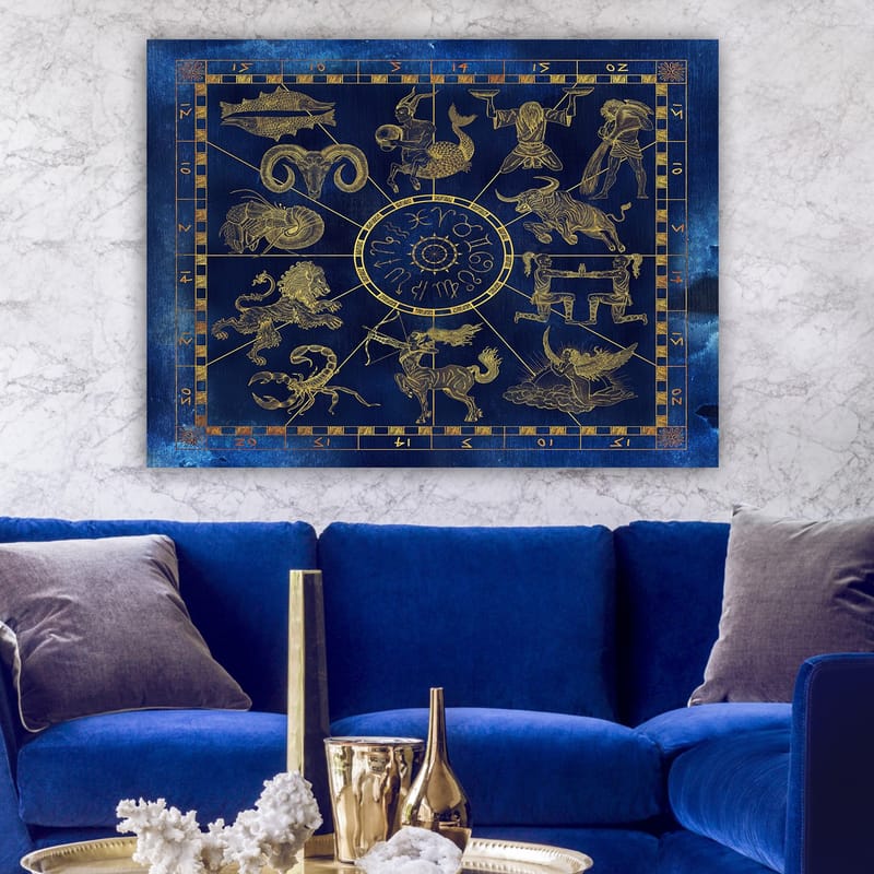 Lærred 70x100 cm - Astrologisk kort med de tolv stjernetegn i guld mod en dybblå baggrund - Dybblå / Guld - Boligtilbehør - Billeder & kunst - Billeder på lærred