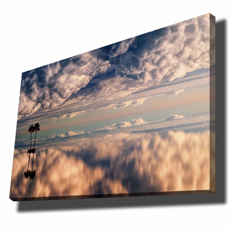 Lærred 70x100 cm - Atmosfærisk landskabsmaleri med palmer spejlet i en drømmeagtig himmel fyldt med skyer, Blå / Beige / Hvid