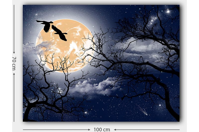 Lærred 70x100 cm - Atmosfærisk nattelandskab med en stor måne og silhuetter af træer og fugle, der flyver hen over himlen - Mørkeblå / Sort / Lysegul - Boligtilbehør - Billeder & kunst - Billeder på lærred
