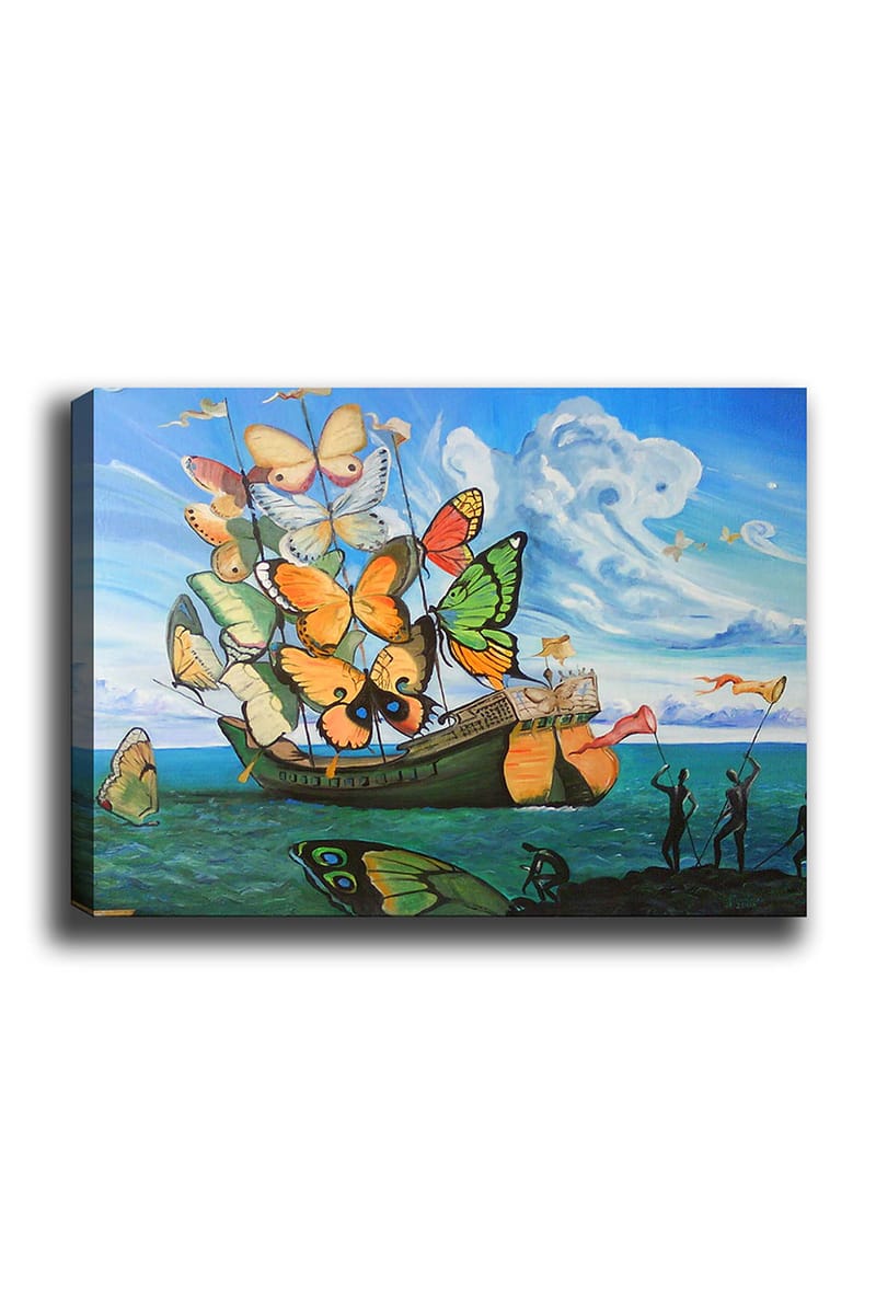 Lærred 70x100 cm - Båd fyldt med farverige sommerfugle, der flyder over havet - Orange / Grøn / Blå - Boligtilbehør - Billeder & kunst - Billeder på lærred