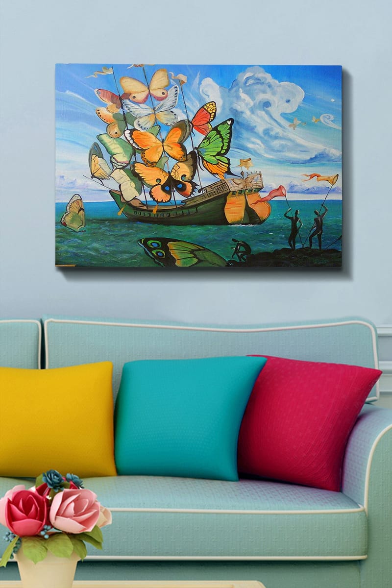 Lærred 70x100 cm - Båd fyldt med farverige sommerfugle, der flyder over havet - Orange / Grøn / Blå - Boligtilbehør - Billeder & kunst - Billeder på lærred
