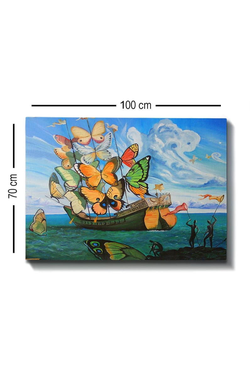 Lærred 70x100 cm - Båd fyldt med farverige sommerfugle, der flyder over havet - Orange / Grøn / Blå - Boligtilbehør - Billeder & kunst - Billeder på lærred