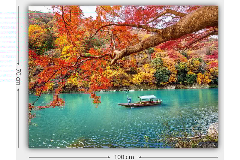 Lærred 70x100 cm - Båd glider langs en turkis sø omgivet af farverige efterårsblade - Rød / Gul / Turkis - Boligtilbehør - Billeder & kunst - Billeder på lærred