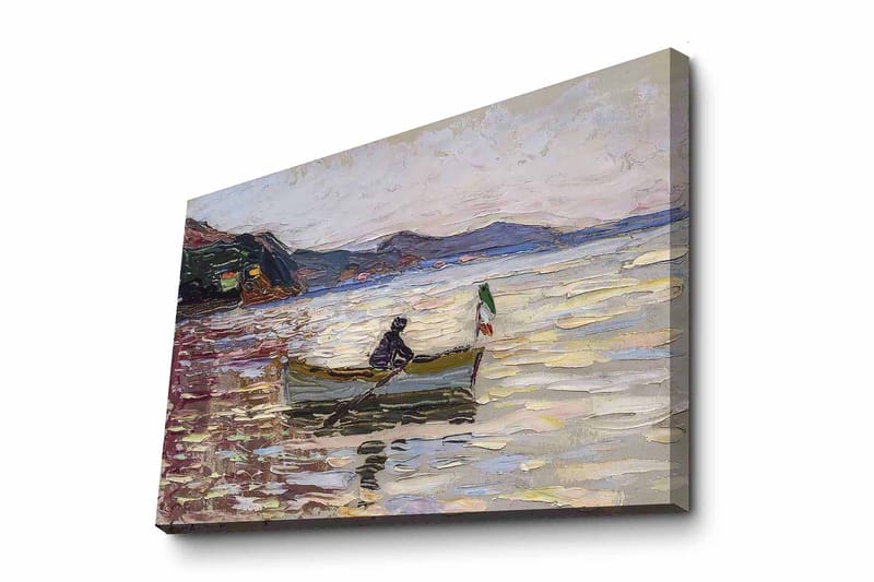 Lærred 70x100 cm - Båd med to personer, der fisker på en glitrende sø under en lys himmel, Blå / Grøn / Beige