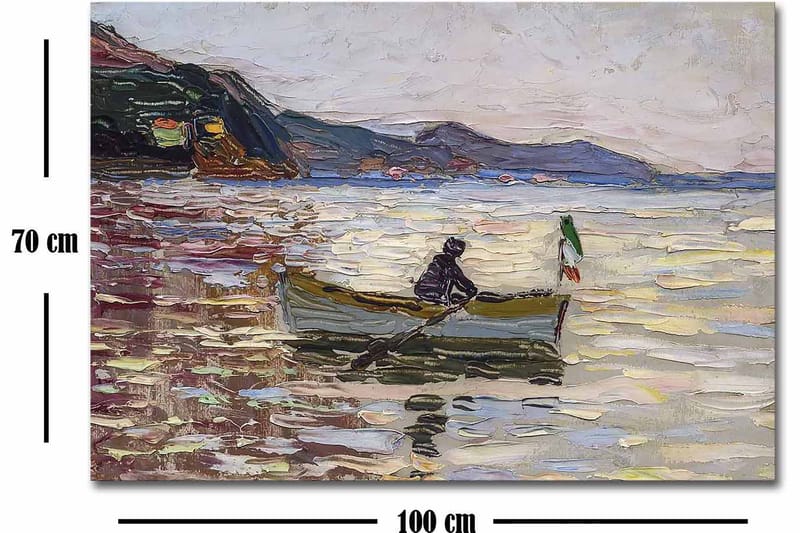 Lærred 70x100 cm - Båd med to personer, der fisker på en glitrende sø under en lys himmel - Blå / Grøn / Beige - Boligtilbehør - Billeder & kunst - Billeder på lærred