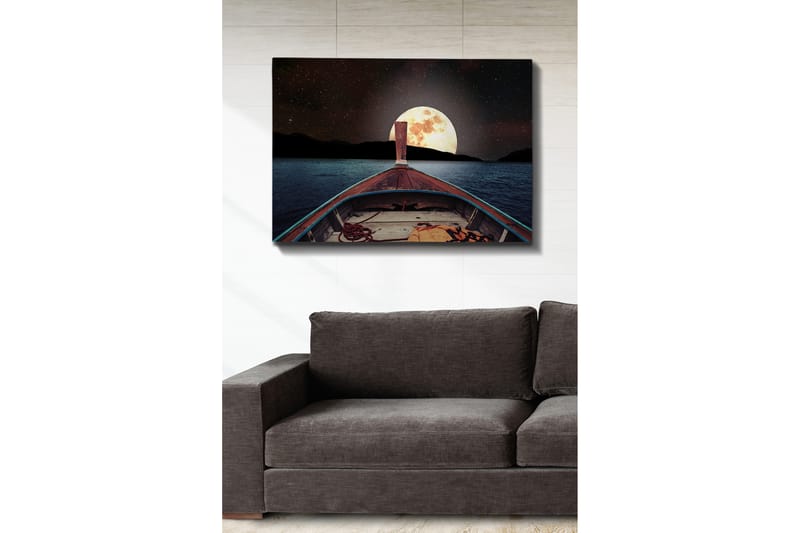 Lærred 70x100 cm - Båd sejler mod en stor, lysende måne på nattehimlen - Mørkeblå / Brun / Guld - Boligtilbehør - Billeder & kunst - Billeder på lærred