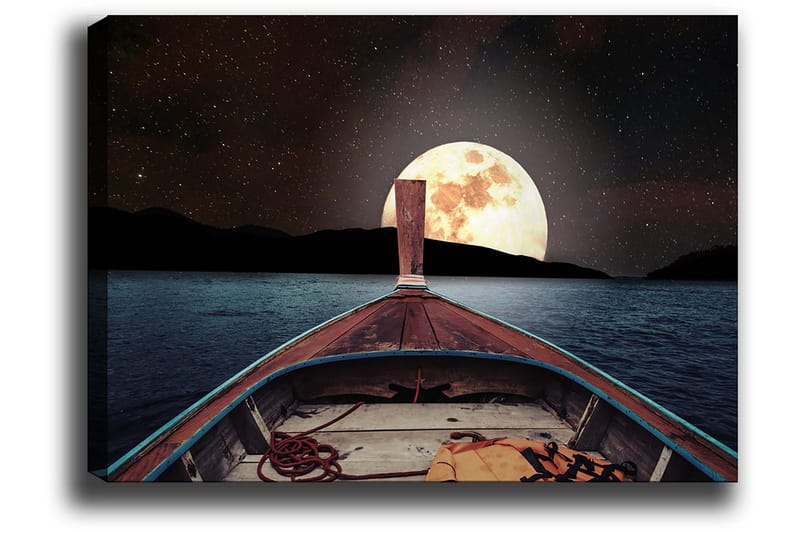 Lærred 70x100 cm - Båd sejler mod en stor, lysende måne på nattehimlen - Mørkeblå / Brun / Guld - Boligtilbehør - Billeder & kunst - Billeder på lærred