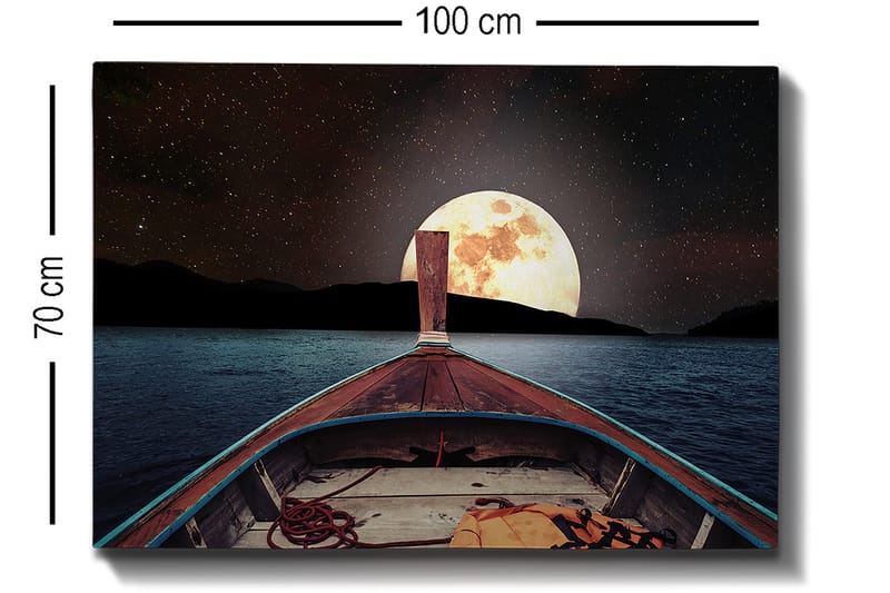 Lærred 70x100 cm - Båd sejler mod en stor, lysende måne på nattehimlen - Mørkeblå / Brun / Guld - Boligtilbehør - Billeder & kunst - Billeder på lærred