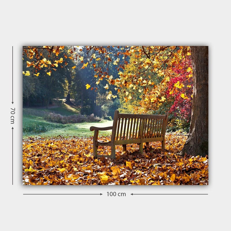Lærred 70x100 cm - Bænk omgivet af farverige efterårsblade i naturskønne omgivelser - Orange / Gul / Rød - Boligtilbehør - Billeder & kunst - Billeder på lærred