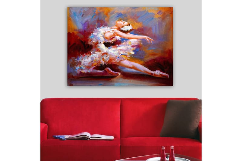 Lærred 70x100 cm - Balletdanser i en elegant positur, omgivet af farverige penselstrøg, der indfanger bevægelse og ynde, Hvid / Rød / Lilla