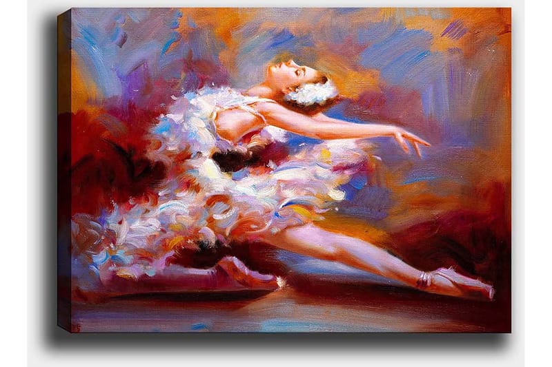 Lærred 70x100 cm - Balletdanser i en elegant positur, omgivet af farverige penselstrøg, der indfanger bevægelse og ynde - Hvid / Rød / Lilla - Boligtilbehør - Billeder & kunst - Billeder på lærred