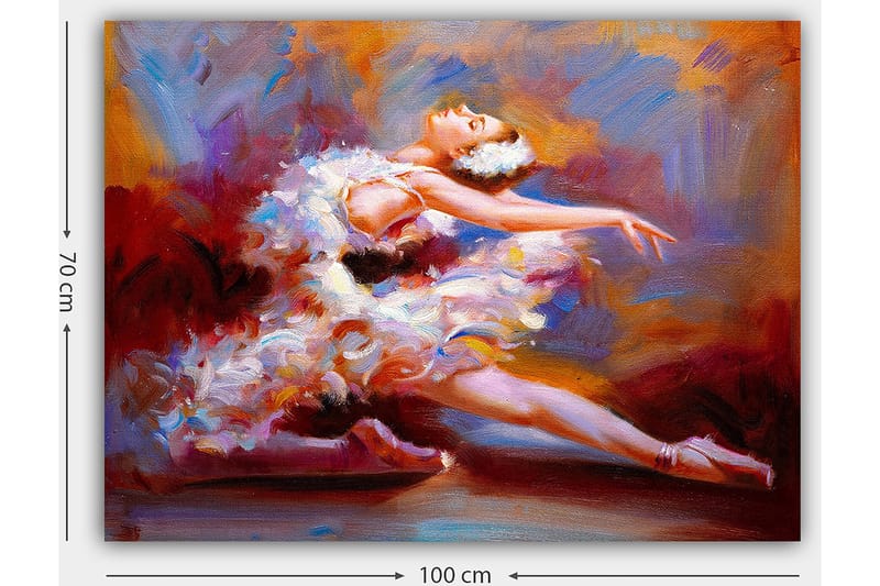 Lærred 70x100 cm - Balletdanser i en elegant positur, omgivet af farverige penselstrøg, der indfanger bevægelse og ynde - Hvid / Rød / Lilla - Boligtilbehør - Billeder & kunst - Billeder på lærred