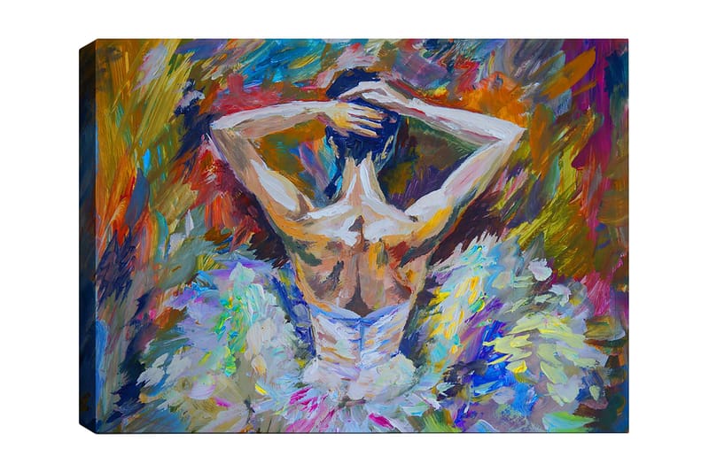 Lærred 70x100 cm - Balletdanser set bagfra med opsat hår og en elegant kjole i klare farver, Hvid / Lyseblå / Orange