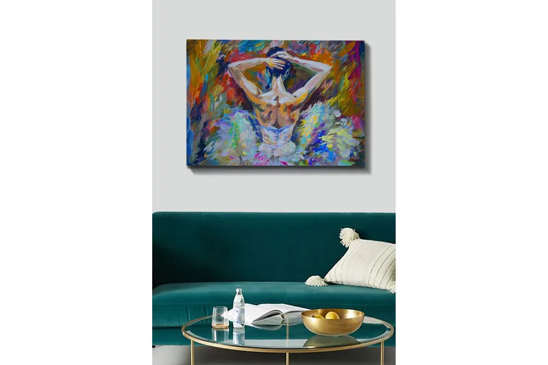 Lærred 70x100 cm - Balletdanser set bagfra med opsat hår og en elegant kjole i klare farver - Hvid / Lyseblå / Orange - Boligtilbehør - Billeder & kunst - Billeder på lærred