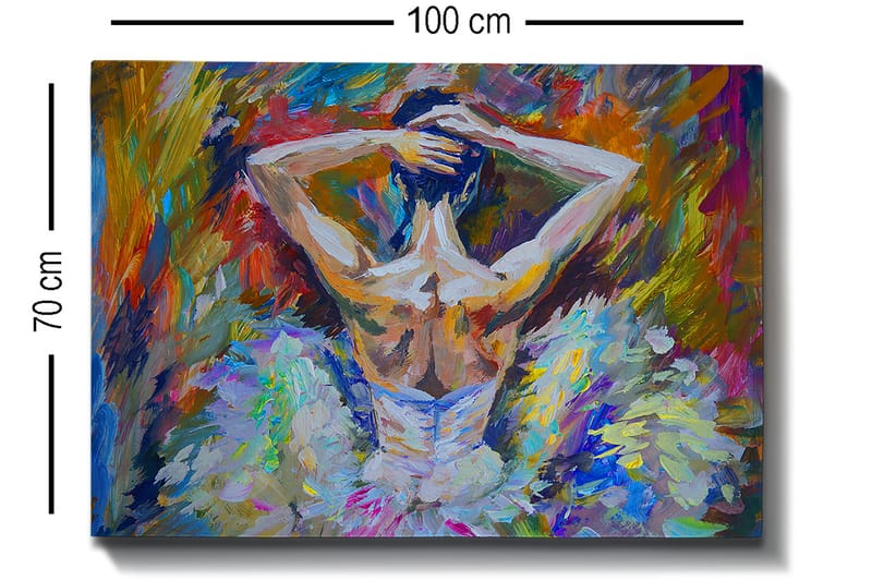 Lærred 70x100 cm - Balletdanser set bagfra med opsat hår og en elegant kjole i klare farver - Hvid / Lyseblå / Orange - Boligtilbehør - Billeder & kunst - Billeder på lærred