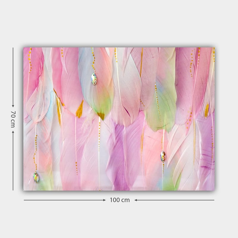 Lærred 70x100 cm - Bløde fjer i pastelfarver, der skaber en drømmeagtig atmosfære - Lys pink / Mintgrøn / Guld - Boligtilbehør - Billeder & kunst - Billeder på lærred