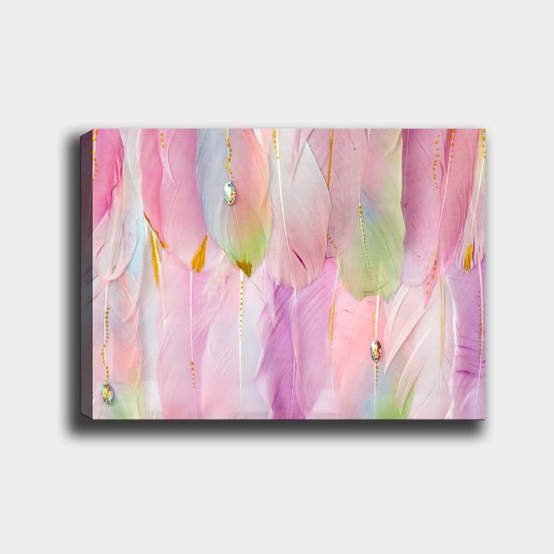 Lærred 70x100 cm - Bløde fjer i pastelfarver, der skaber en drømmeagtig atmosfære, Lys pink / Mintgrøn / Guld