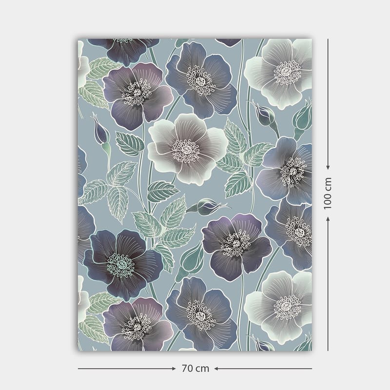 Lærred 70x100 cm - Blomster i forskellige nuancer af blå og lilla med detaljeret bladværk - Mørkeblå / Lyseblå / Lilla - Boligtilbehør - Billeder & kunst - Billeder på lærred