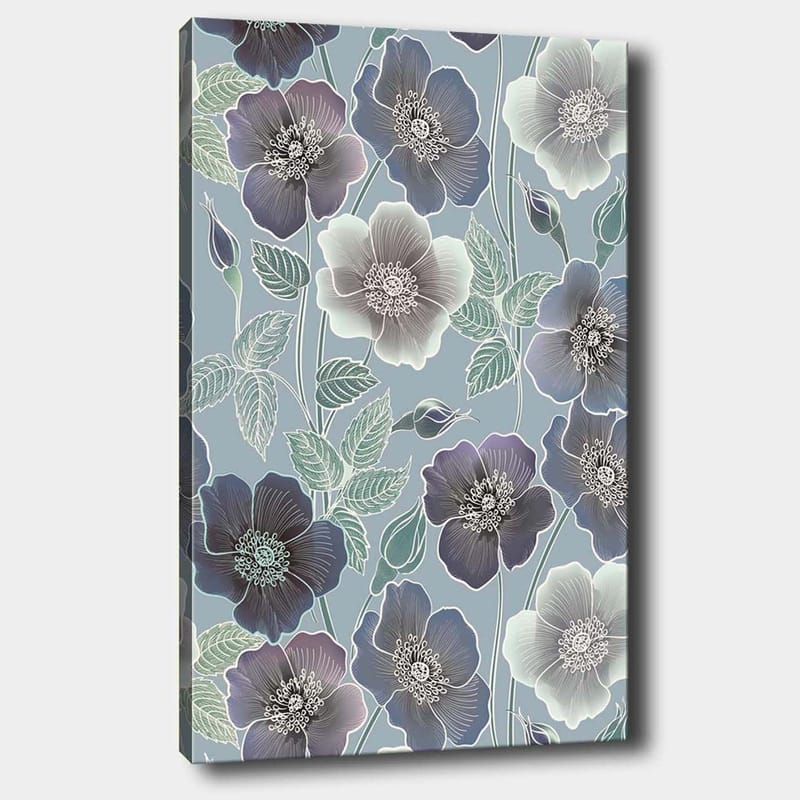 Lærred 70x100 cm - Blomster i forskellige nuancer af blå og lilla med detaljeret bladværk, Mørkeblå / Lyseblå / Lilla
