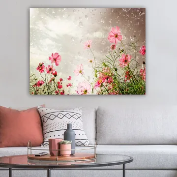 Lærred 70x100 cm - Blomster i forskellige nuancer af lyserød mod en dæmpet baggrund - Lyserød / Grøn - Boligtilbehør - Billeder & kunst - Billeder på lærred