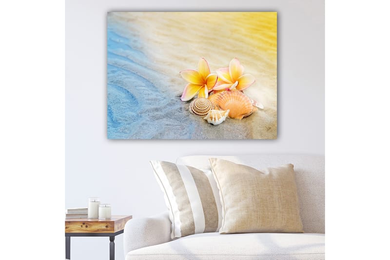 Lærred 70x100 cm - Blomster og skaller på en strand med blødt sand og havets farver, Blå / Gul / Lyserød