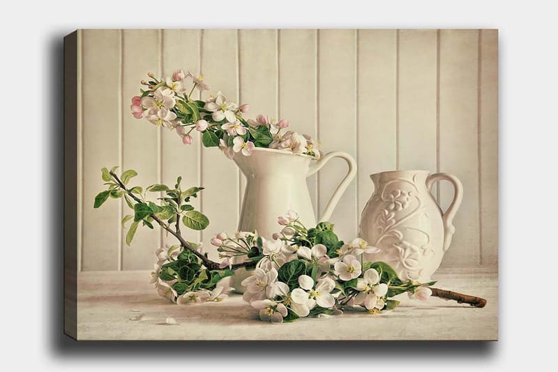 Lærred 70x100 cm - Blomsterarrangement med hvide kander og grene i en rolig komposition, Hvid / Lys pink / Grøn