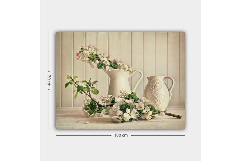 Lærred 70x100 cm - Blomsterarrangement med hvide kander og grene i en rolig komposition - Hvid / Lys pink / Grøn - Boligtilbehør - Billeder & kunst - Billeder på lærred
