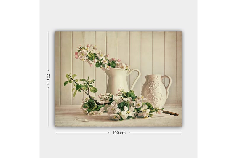 Lærred 70x100 cm - Blomsterarrangement med hvide kander og grene i en rolig komposition - Hvid / Lys pink / Grøn - Boligtilbehør - Billeder & kunst - Billeder på lærred