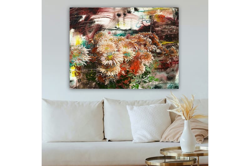 Lærred 70x100 cm - Blomsterbuket i forskellige nuancer af lyserød og orange - Lyserød / Orange / Grøn - Boligtilbehør - Billeder & kunst - Billeder på lærred