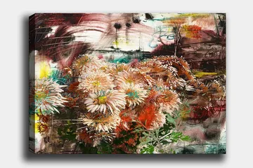 Lærred 70x100 cm - Blomsterbuket i forskellige nuancer af lyserød og orange - Lyserød / Orange / Grøn - Boligtilbehør - Billeder & kunst - Billeder på lærred