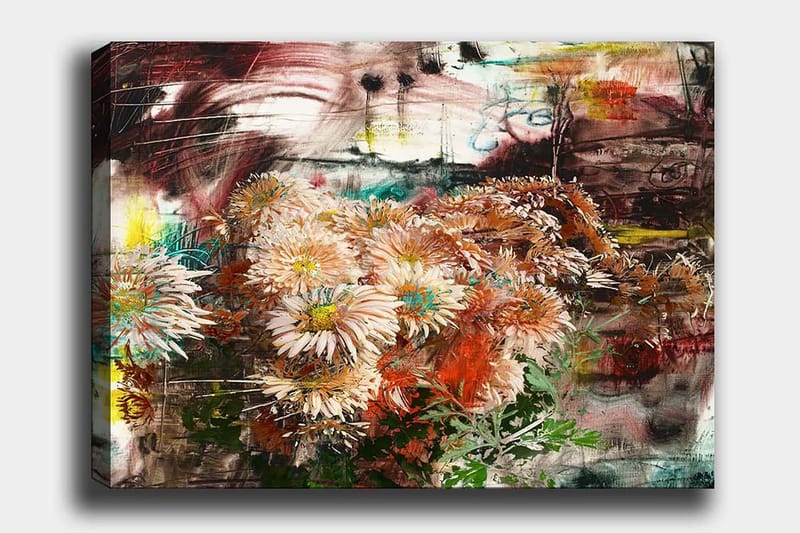 Lærred 70x100 cm - Blomsterbuket i forskellige nuancer af lyserød og orange, Lyserød / Orange / Grøn