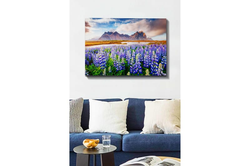 Lærred 70x100 cm - Blomstrende eng med lupiner i forskellige nuancer af blå og hvid, omgivet af majestætiske bjerge i baggrunden, Blå / Hvid / Grøn