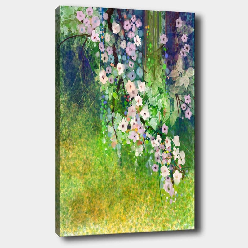 Lærred 70x100 cm - Blomstrende grene med lyserøde og hvide blomster i et frodigt miljø, Lyserød / Grøn / Hvid