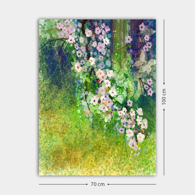 Lærred 70x100 cm - Blomstrende grene med lyserøde og hvide blomster i et frodigt miljø - Lyserød / Grøn / Hvid - Boligtilbehør - Billeder & kunst - Billeder på lærred
