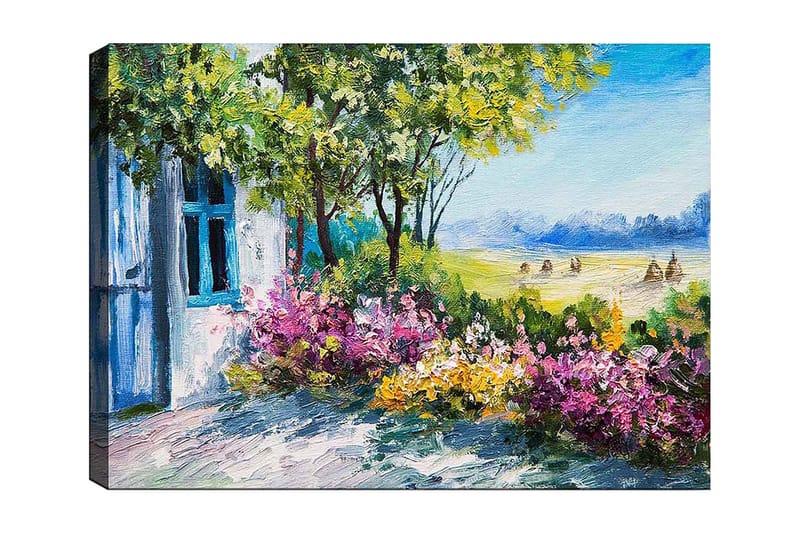 Lærred 70x100 cm - Blomstrende have med et hus og frodige træer i baggrunden, Grøn / Lyserød / Gul