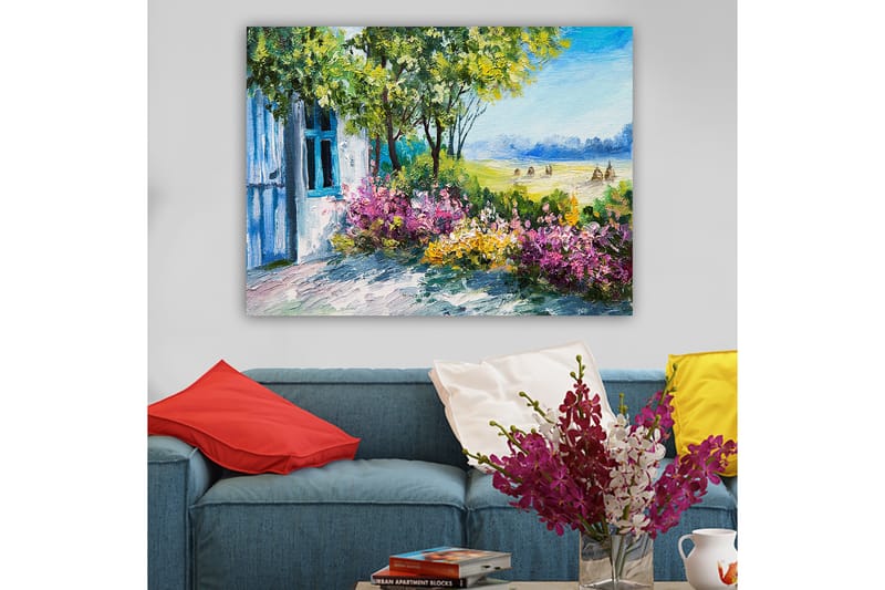Lærred 70x100 cm - Blomstrende have med et hus og frodige træer i baggrunden - Grøn / Lyserød / Gul - Boligtilbehør - Billeder & kunst - Billeder på lærred