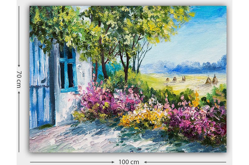 Lærred 70x100 cm - Blomstrende have med et hus og frodige træer i baggrunden - Grøn / Lyserød / Gul - Boligtilbehør - Billeder & kunst - Billeder på lærred
