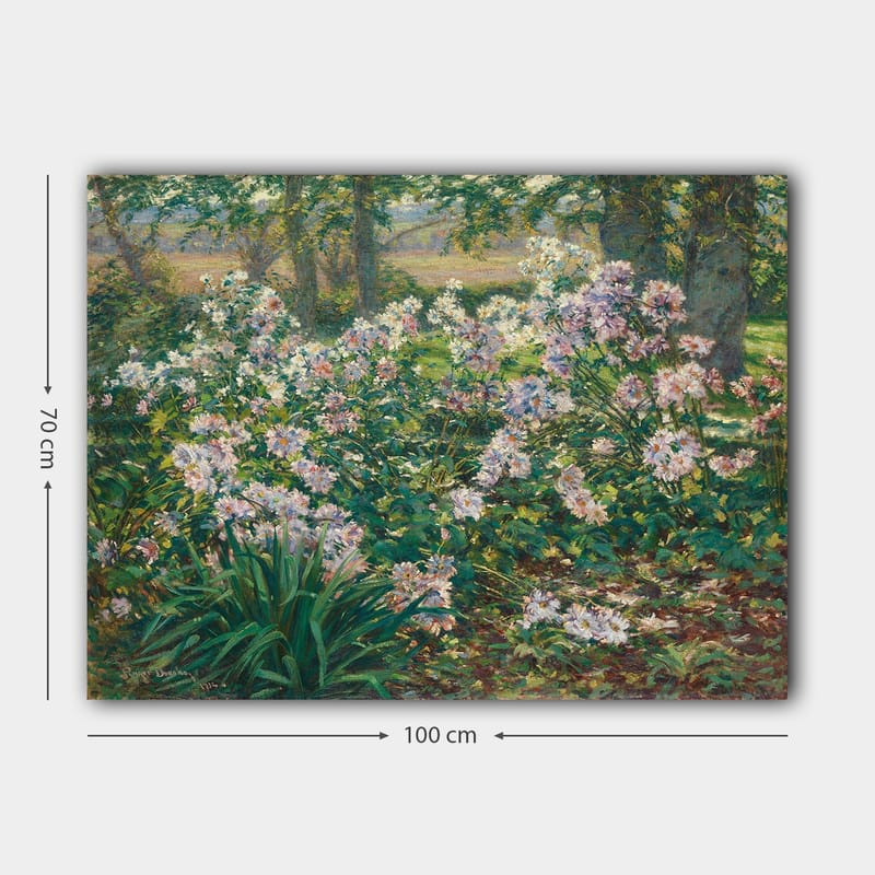 Lærred 70x100 cm - Blomstrende have med farverige blomster i frodige omgivelser - Grøn / Lyserød / Hvid - Boligtilbehør - Billeder & kunst - Billeder på lærred