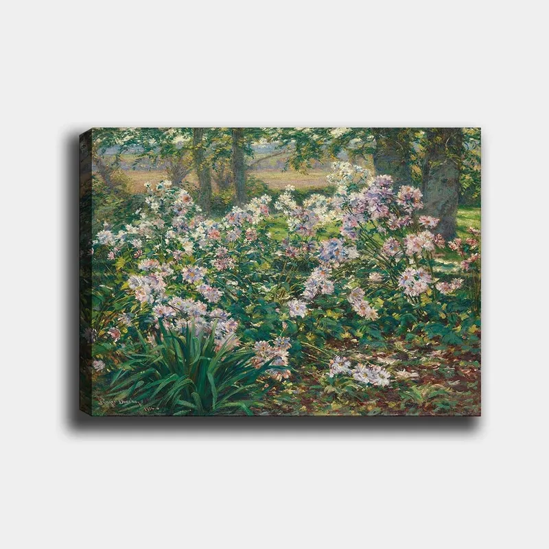 Lærred 70x100 cm - Blomstrende have med farverige blomster i frodige omgivelser, Grøn / Lyserød / Hvid
