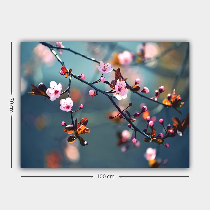 Lærred 70x100 cm - Blomstrende kirsebærgrene med lyserøde blomster og brune blade - Lyserød / Brun / Grøn - Boligtilbehør - Billeder & kunst - Billeder på lærred