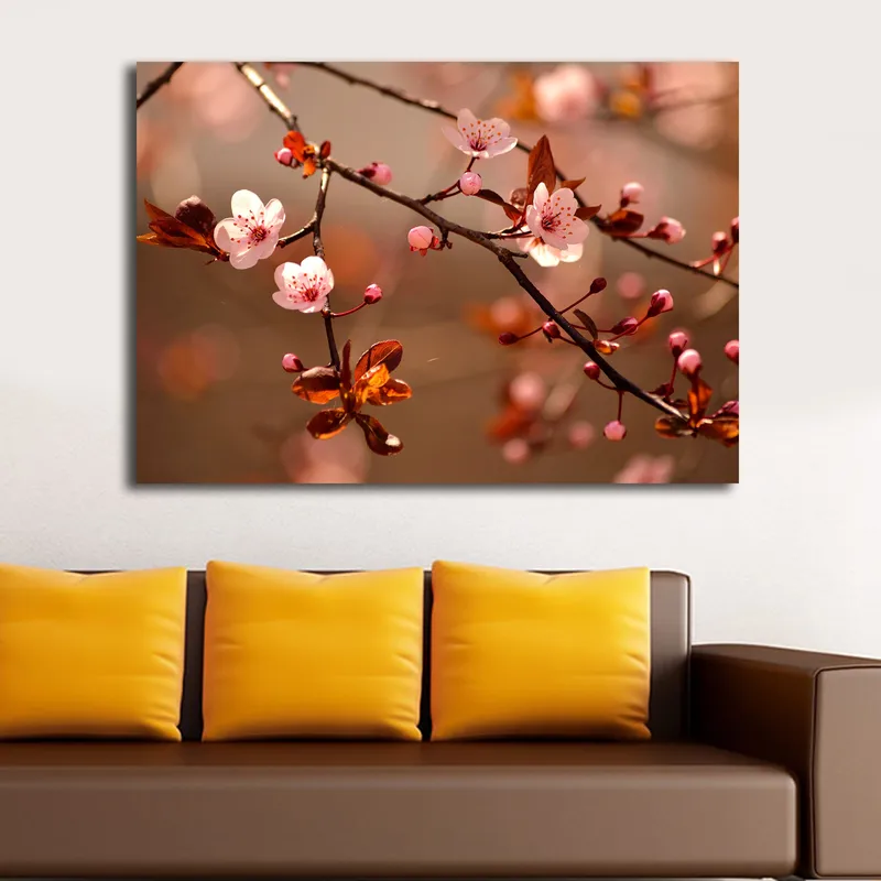 Lærred 70x100 cm - Blomstrende kirsebærgrene med lyserøde blomster og brune blade - Lyserød / Brun - Boligtilbehør - Billeder & kunst - Billeder på lærred