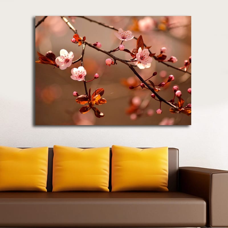 Lærred 70x100 cm - Blomstrende kirsebærgrene med lyserøde blomster og brune blade - Lyserød / Brun - Boligtilbehør - Billeder & kunst - Billeder på lærred