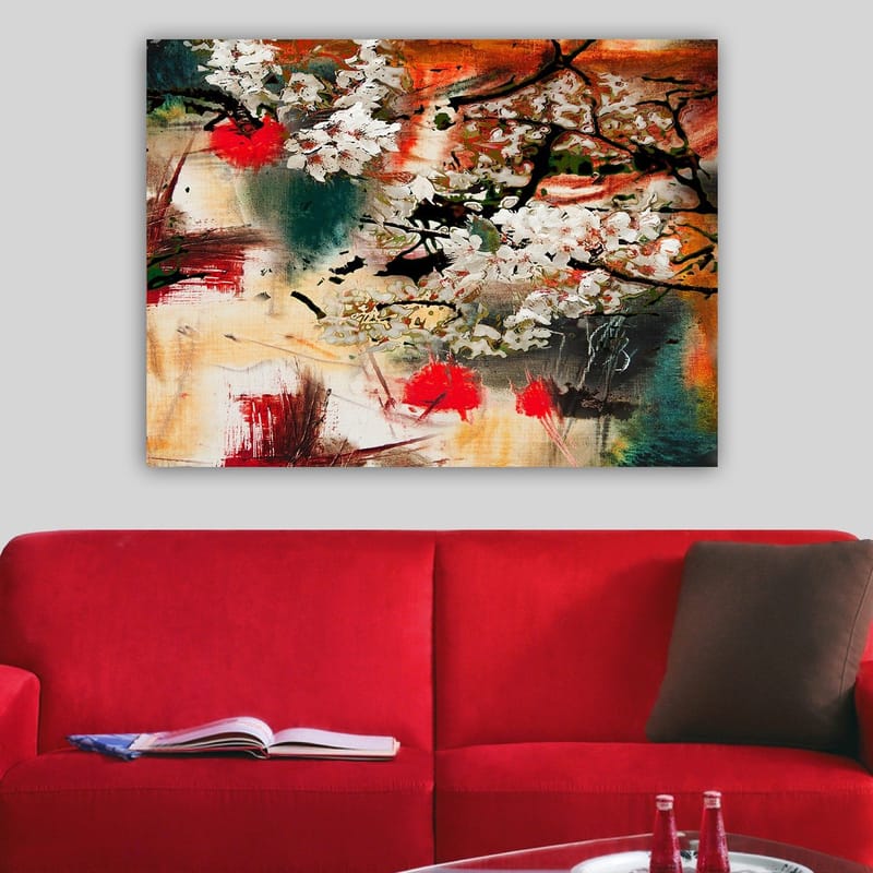 Lærred 70x100 cm - Blomstrende kirsebærtræer i en abstrakt komposition med stærke farver - Hvid / Rød / Orange - Boligtilbehør - Billeder & kunst - Billeder på lærred
